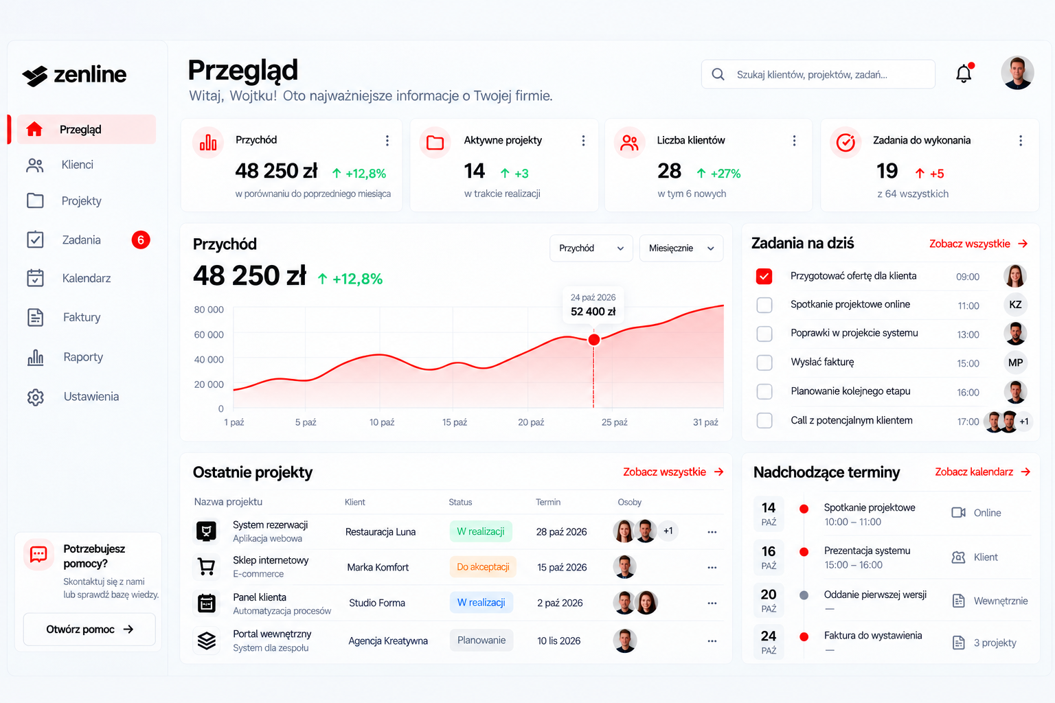 Przykładowy panel systemu Zenline - przegląd firmy, zadania i projekty